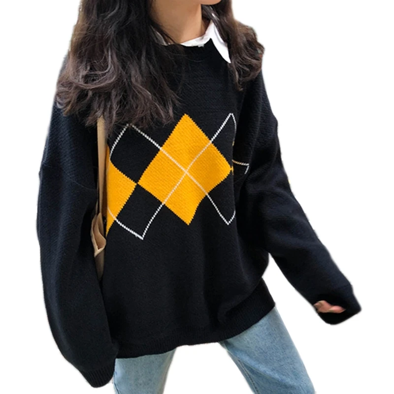 Women Autumn Long Sleeve O-Neck Sweater Korean College Argyle Plaid Pattern Pullover Tops Oversized Loose Jumper Dropship