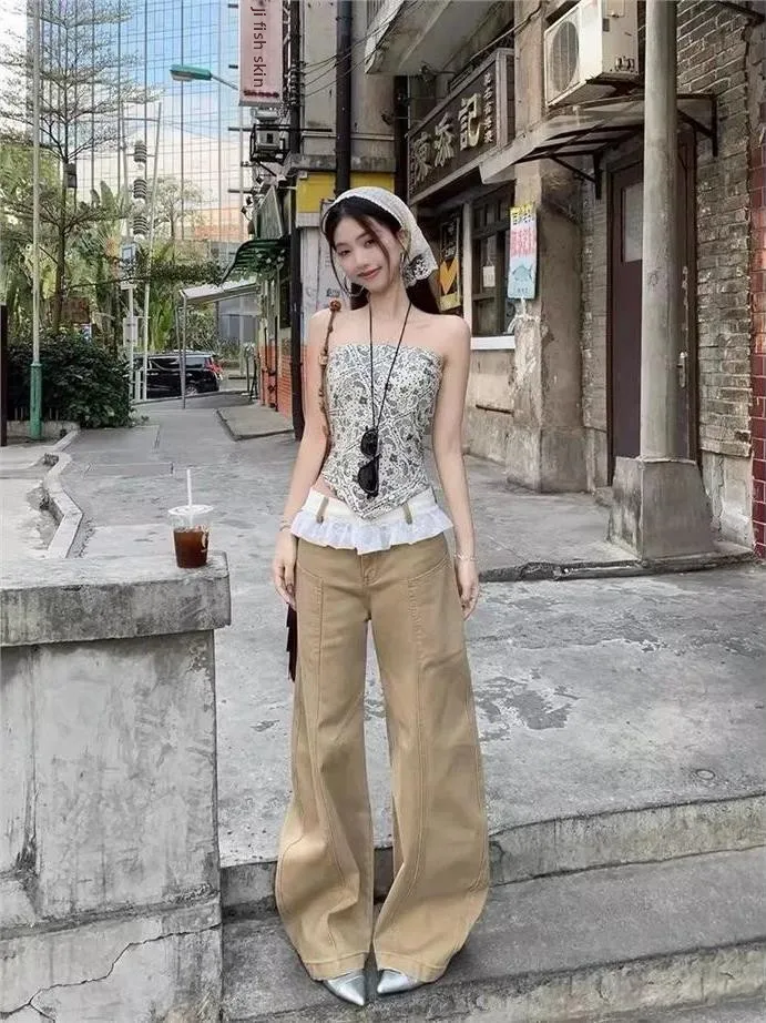 

Корейские широкие джинсы Sle Spicy Girl, повседневные брюки с кружевной отделкой, брюки с загнутым ножом, брюки с высокой талией для женщин