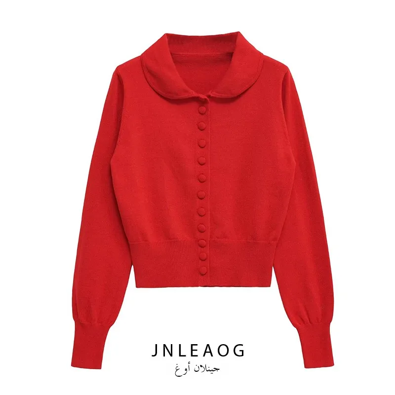 Fashionable Long Sleeve Knitted Women's Top Slim Fit Doll Collar Versatile Design Autumn New Arrival Polyester Fiber Open Car...