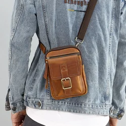 Men's Vintage Style Genuine Vegetable Tanned Leather Messenger Crossbody Shoulder Bag Logo Decoration Fashion Cell Phone Bag Men