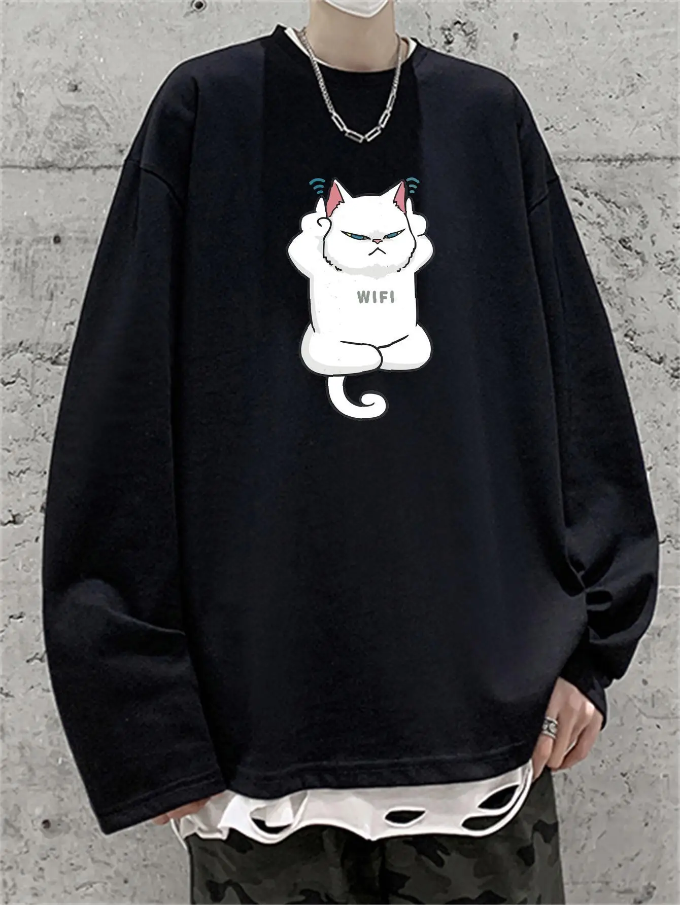 Funny Wifi Cat Men Cartoon Print T-shirts Long Sleeve Quality Cotton Tops Unisex Clothing New Brand Male Tees Oversize Kpop