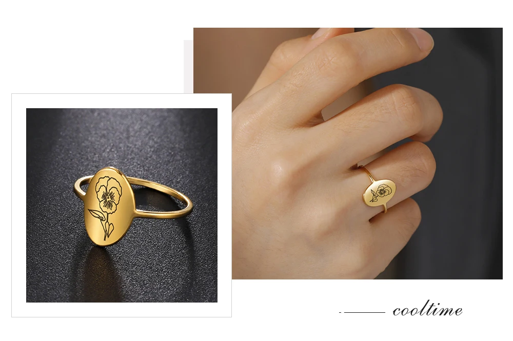 COOLTIME Blumenringe zum 12. Geburtsmonat für Frauen, Edelstahl, oval, Siegel, ästhetische Ringe, Schmuck, Freund, Liebhaber, Geburtstagsgeschenk – Detail 9