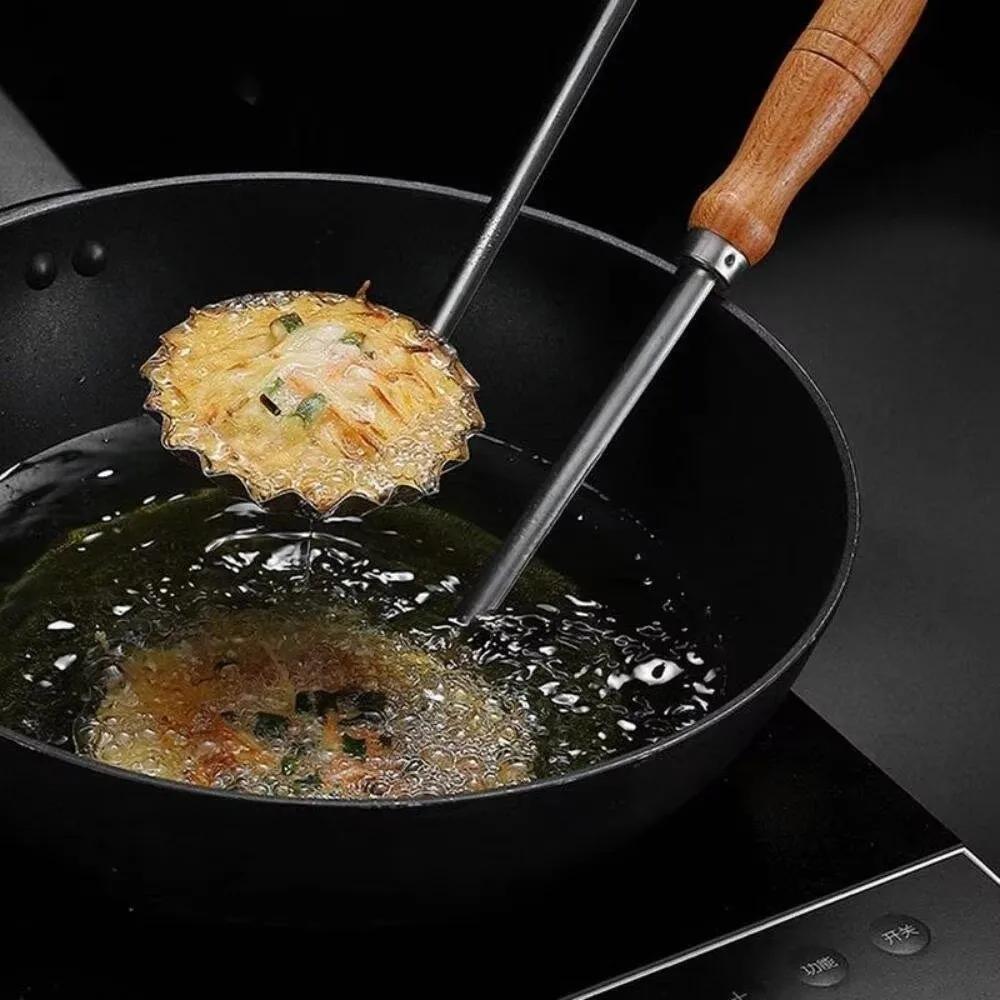 Non-Stick Fried Food Mold Wooden Handle Heat Resistant Shredded Radish Fritters Mold Stainless Steel Shrimp Cakes Mold