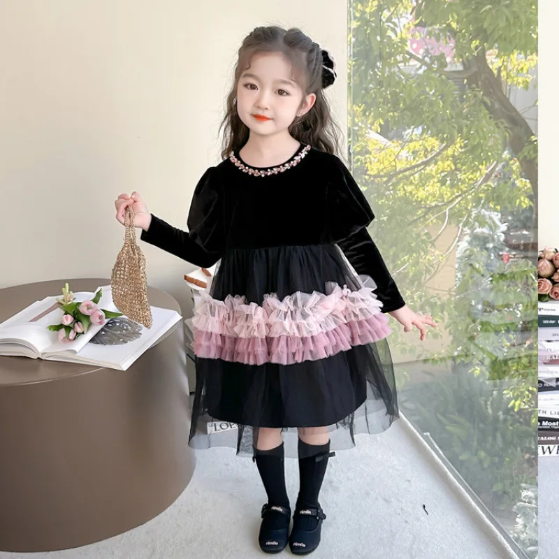 

Пышное сетчатое платье-торт для девочки «Черный лебедь», коллекция Весна-Осень 2026, элегантное платье принцессы для маленьких девочек