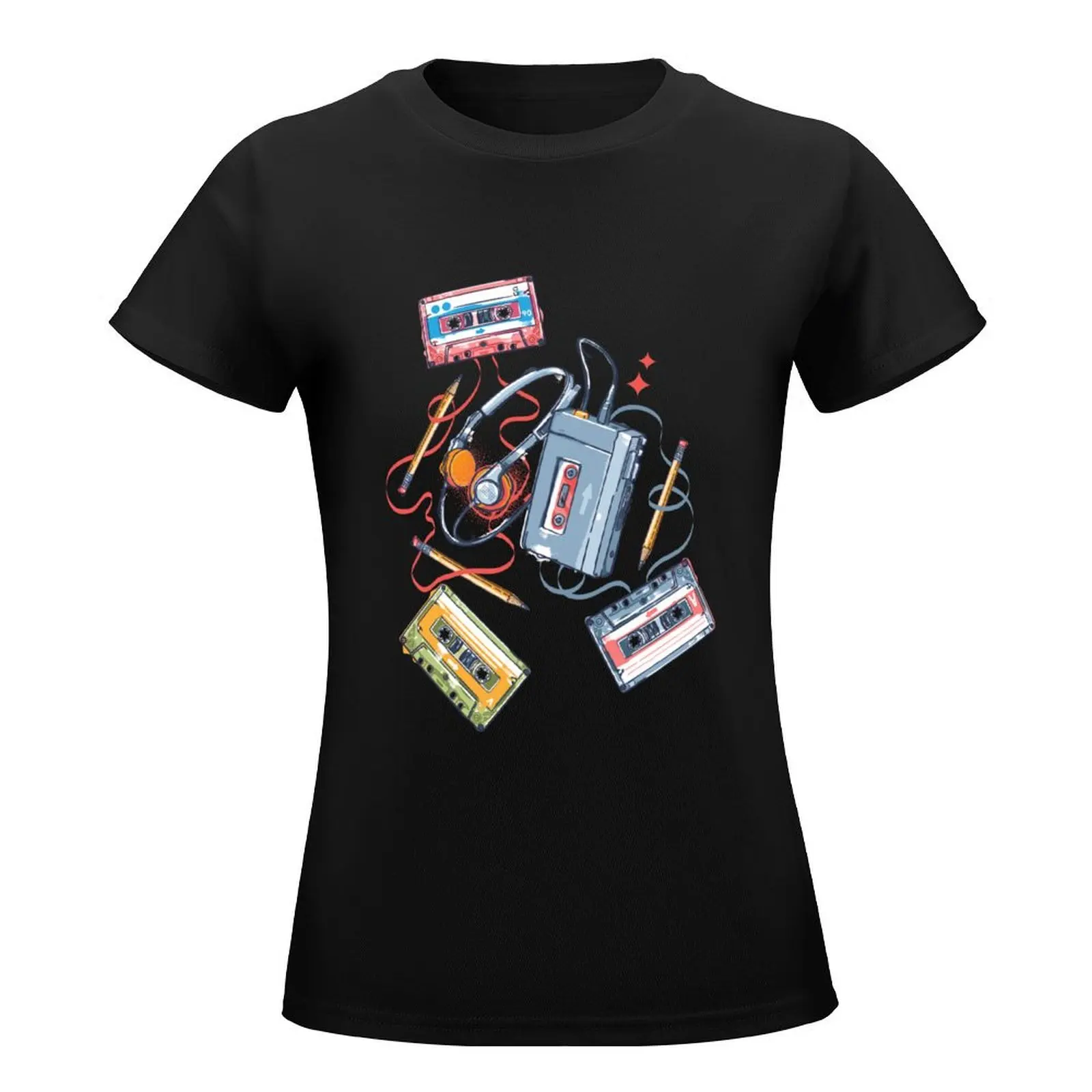 Retro Walkman and Cassette Tapes Pencil Pattern T-Shirt funny anime clothes summer clothes Female clothing clothes for Women