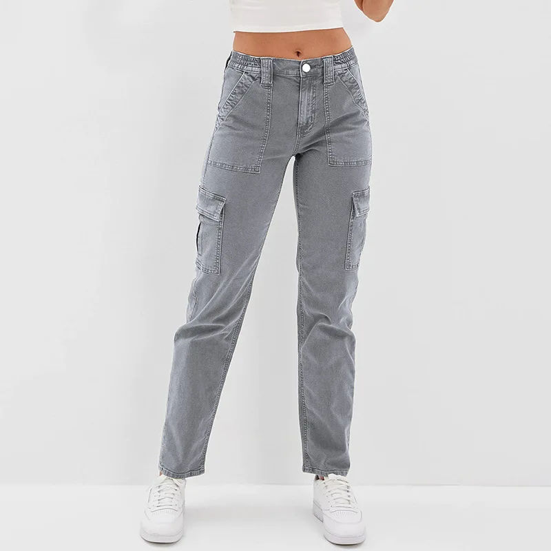 Jean multi-poches pour femmes, pantalon en Denim à jambes droites, taille moyenne, gris, mode, haute élasticité, décontracté, vêtements féminins, nouvelle collection 2023, S-2XL