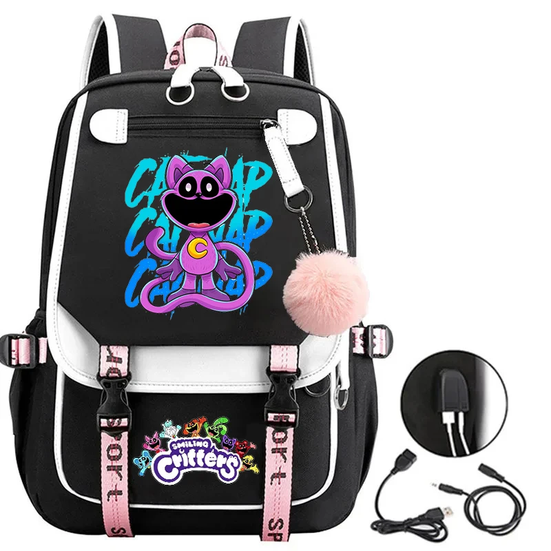 Usb Charge Smiling Critters Catnap Printing Backpack for Teenage Girls Laptop Daypack Women Travel School Bags Cartoon Bookbag