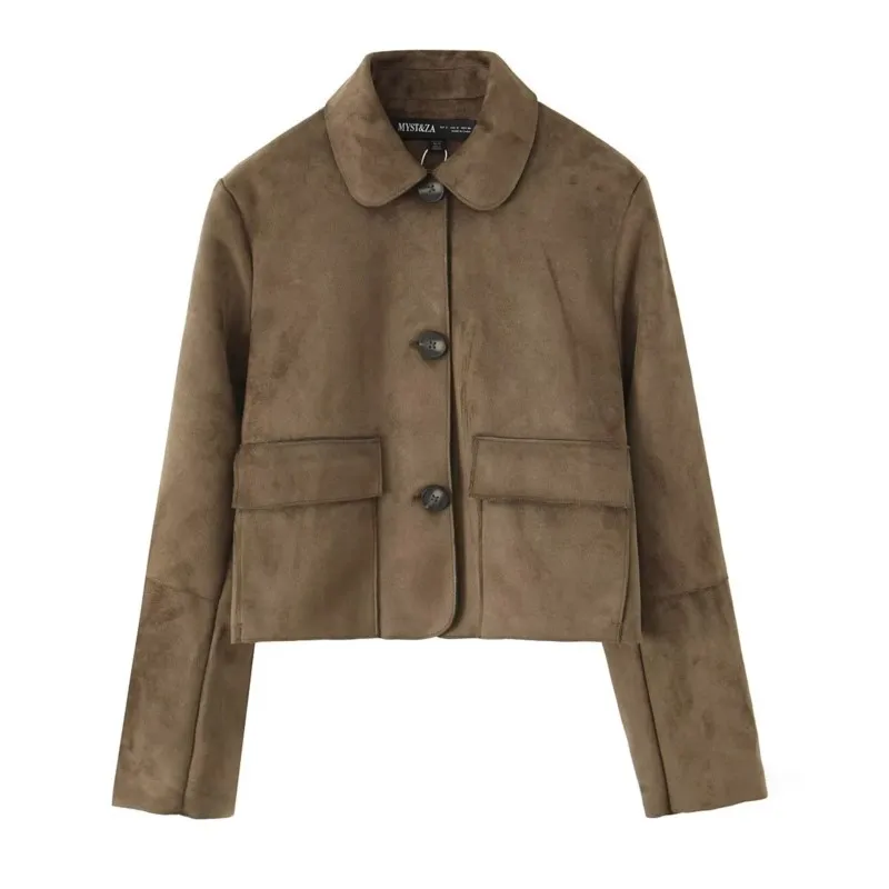 

HipSeam Women Faux Suede Cropped Jacket With Pocket Autumn Long Sleeve Women's Jacket Casual Simple Female Jackets