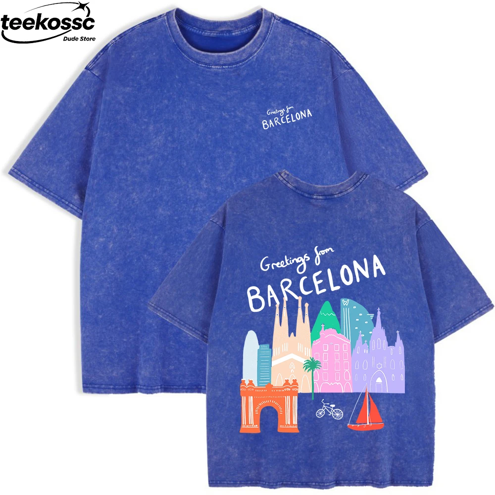 Camisetas Estampadas con Saludo de Barcelona, Camisetas de Algodón para Mujer, Manga Corta, Cuello Redondo, Talla Grande, Ropa Casual de Verano