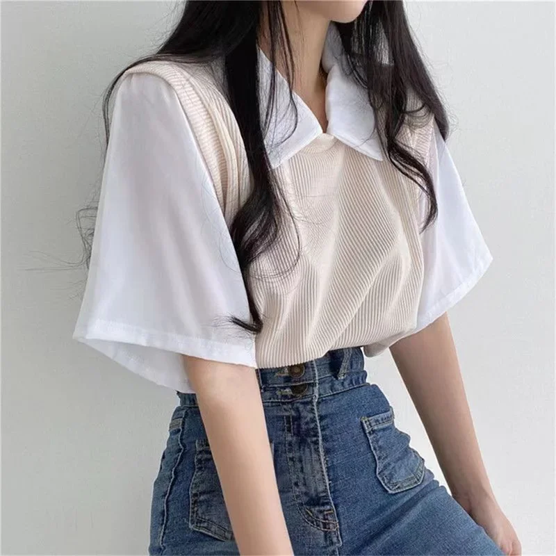 Summer Academy Style Color Blocking Polo Collar Top Fake Two-piece Short Sleeve T-shirt Women Lazy Loose Casual Versatile Blouse