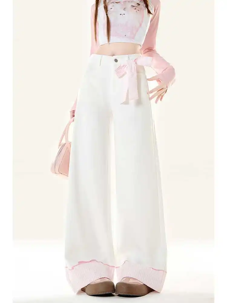 Japan Pink Bow Jeans For Women Spring Summer Style High-Waisted Slim Sweet Girl Energetic Straight Floor-Length Mopping Pants