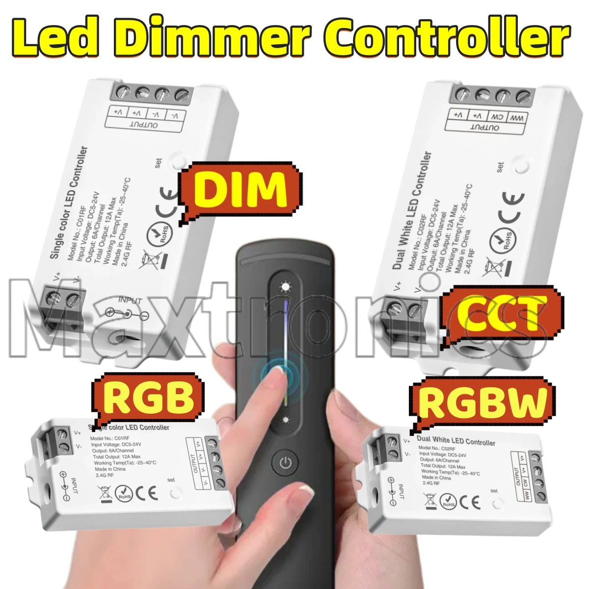

Контроллер диммера для светодиодов DC 12-24В с беспроводным радиочастотным пультом 2.4ГГц, выход 15А для одноцветных, двухцветных, RGB, RGBW светодиодных лент с регулировкой яркости