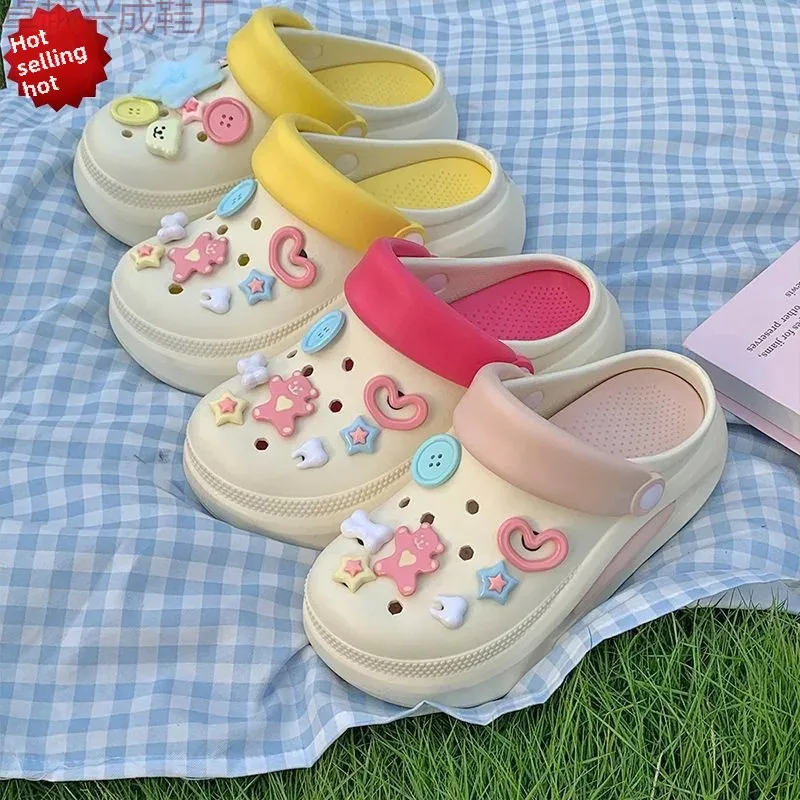 Ridani Thickened Anti-slip Heat-resistant EVA Clog Shoe Covers Toe Slippers Cute Cartoon Spliced Color Ladies Sandals