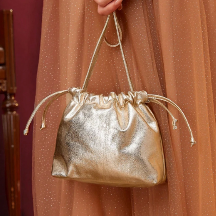 

Golden drawstring dinner lightweight portable dinner bag Sunday party shopping versatile handbag to store mobile phone shoulder