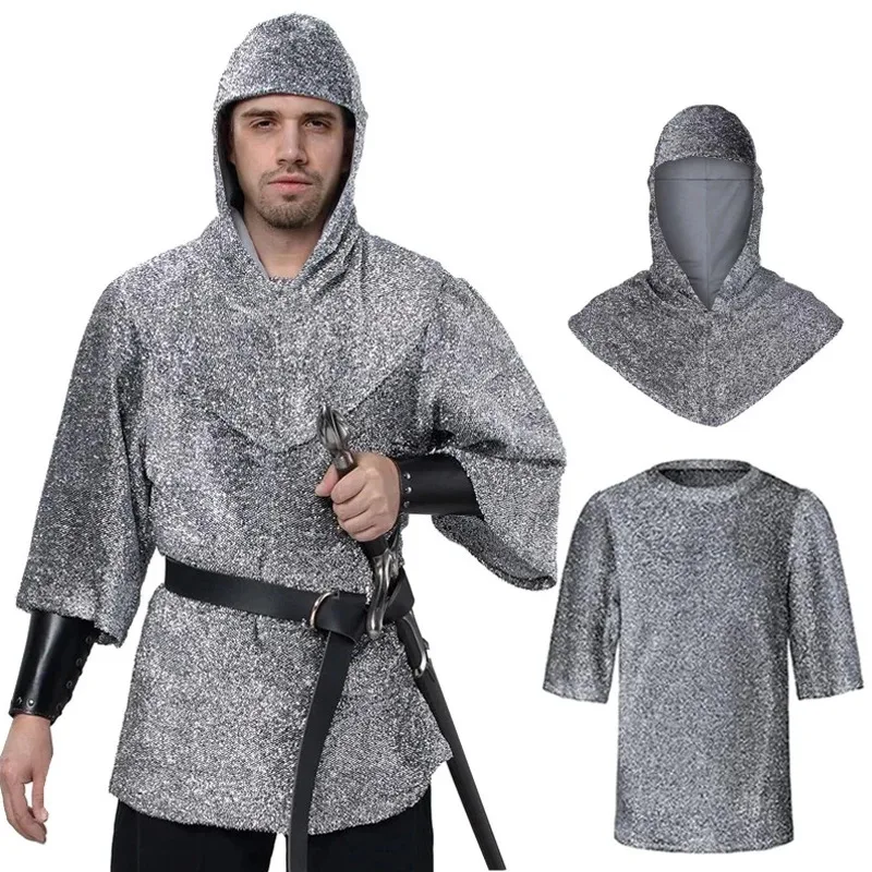 

Renaissance Faux Chain Mail Armor Tunic Shirt Coif Medieval Knight Cowl Crusader Costume outfit Bracers Waist Belt Set