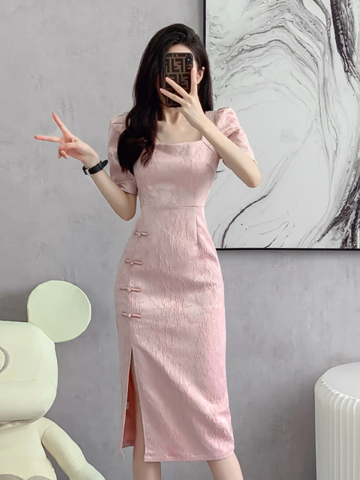 

2023 Pink Summer Women Improved Cheongsam Mid Long Vintage Dress Chinese Style Slim Fashion Dresses Qipao S To XXL S2104