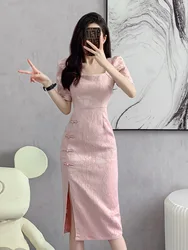 2023 Pink Summer Women Improved Cheongsam Mid Long Vintage Dress Chinese Style Slim Fashion Dresses Qipao S To XXL S2104