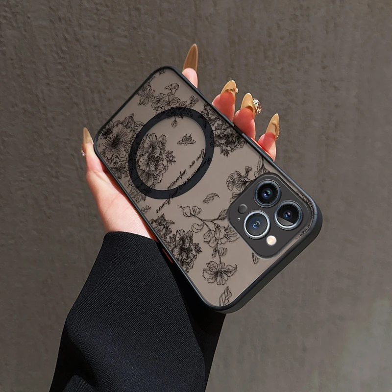 Funda de teléfono Magsafe con flores para iPhone 17 Air 17Promax 16 15 14 Pro Max Plus 13 12 Mini 11, funda magnética transparente a prueba de golpes