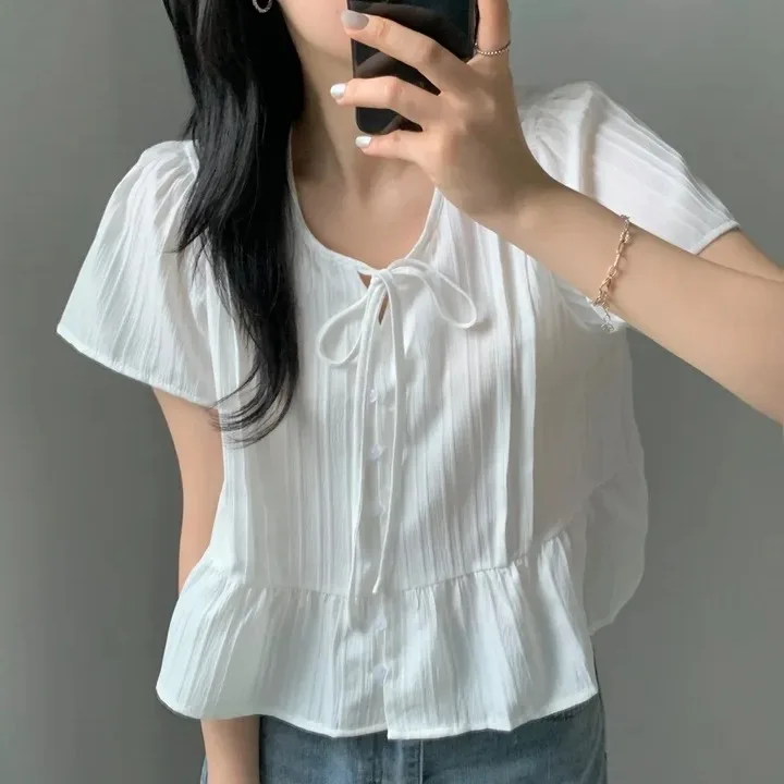

Chic Summer Sweet Gentle Pleated Bow round Neck Design Sensation Gauze Sleeve Shirt Women's Top Korean Style Loose Fit Short ...