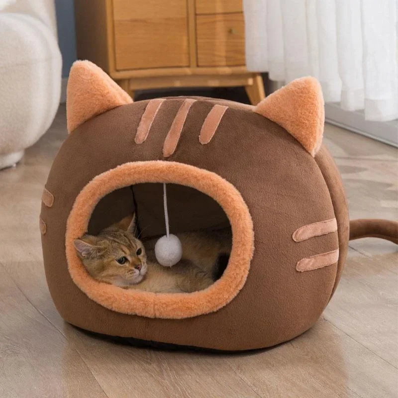 Semi-enclosed Cat Bed Non-slip Pet Kennel  Kitten House Indoor Sleeping Cats Cave Bed Plush Foldable Small Dogs Tent Stuff