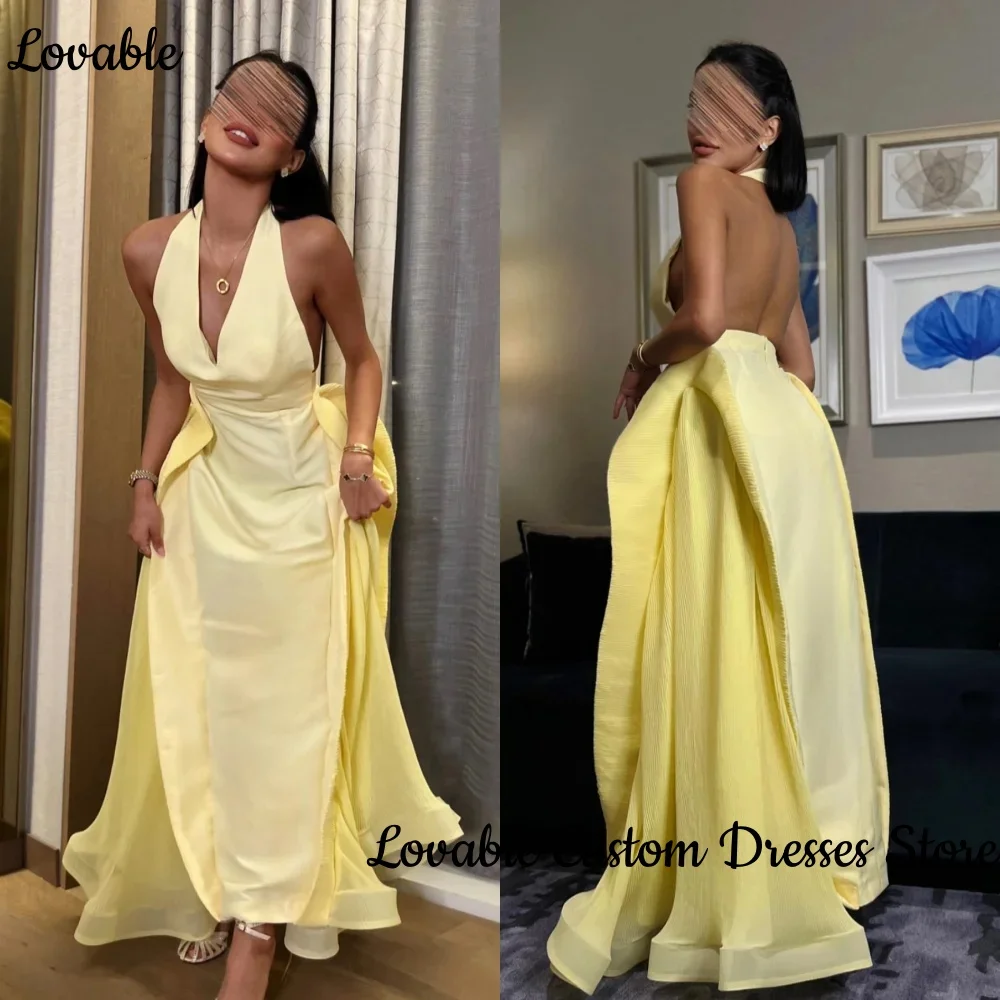 

Customized Mermaid Yellow Evening Dresses V Neck Sleeveless Prom Dresses Pleated Backless Floor Length Formal Party Dresses