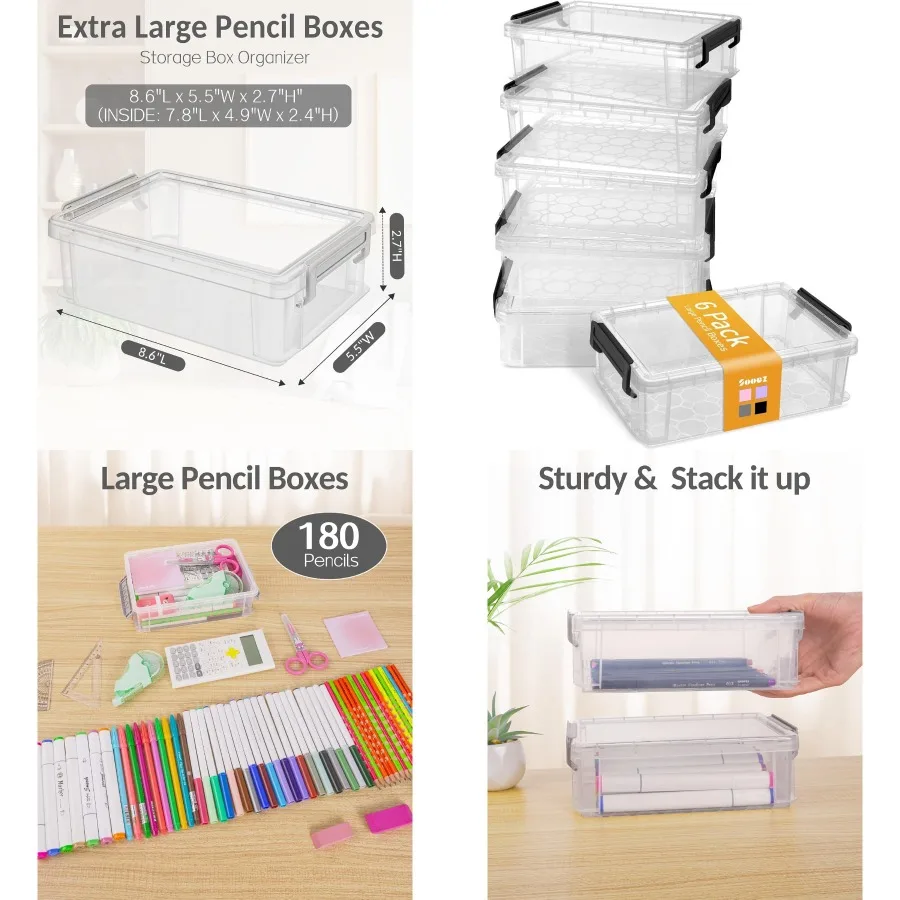 

Sooez 6-упаковка Очень большой пенал Пластиковый пенал Коробка для карандашей Объемный прозрачный органайзер для маркеров Пластиковые контейнеры с крышкой Stac
