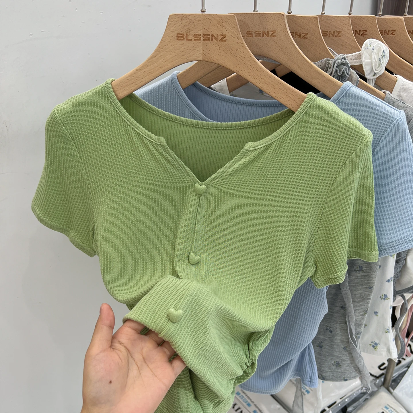 Zjaiss 2026 Women Light Blue V-Neck Short Sleeve T-Shirt Summer Sweet Versatile Slim Fit Top Chic Waist Button Decor Tee