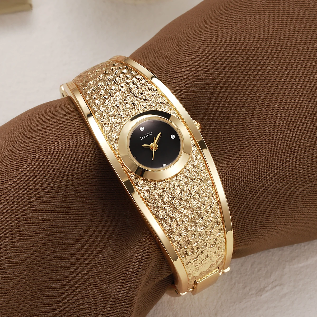 Women's Wide Bangle Watch Hammered Texture Small Round Dial Rhinestone Markers Jewelry Dress Wristwatch Gift