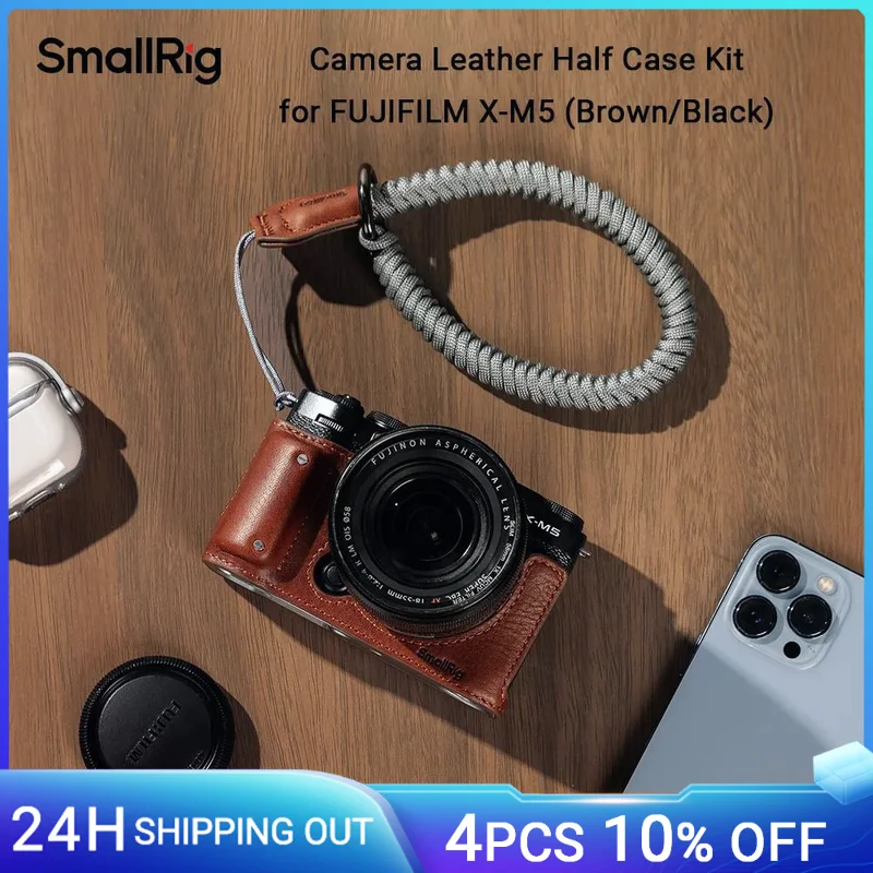 Zestaw skórzanych półetui SmallRig do aparatu FUJIFILM X-M5 z paskiem na nadgarstek w stylu retro z otworem gwintowanym 1/4"-20 brązowy/czarny