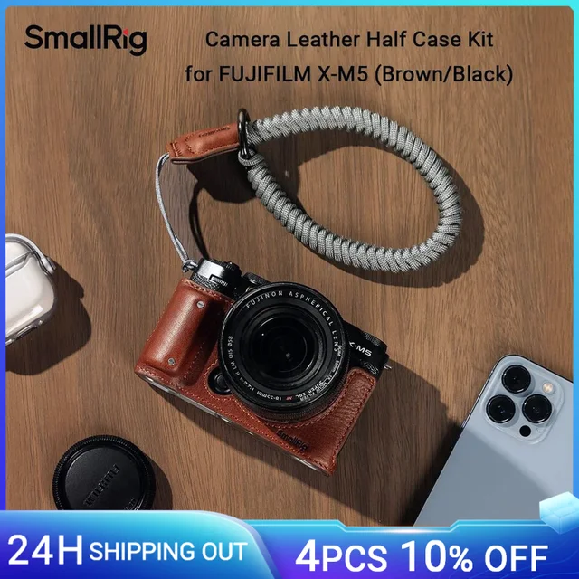 Zestaw skórzanych półetui SmallRig do aparatu FUJIFILM X-M5 z paskiem na nadgarstek w stylu retro z otworem gwintowanym 1/4"-20 brązowy/czarny