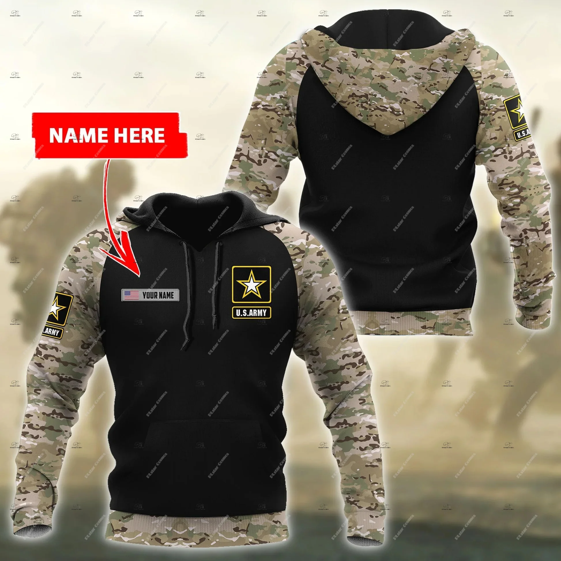 Custm Name Veteran Military Army Cosplay Soldier Camo Retro Vintage Trucksuit 3DPrint Harajuku Pullover Casual Jacket Hoodies B