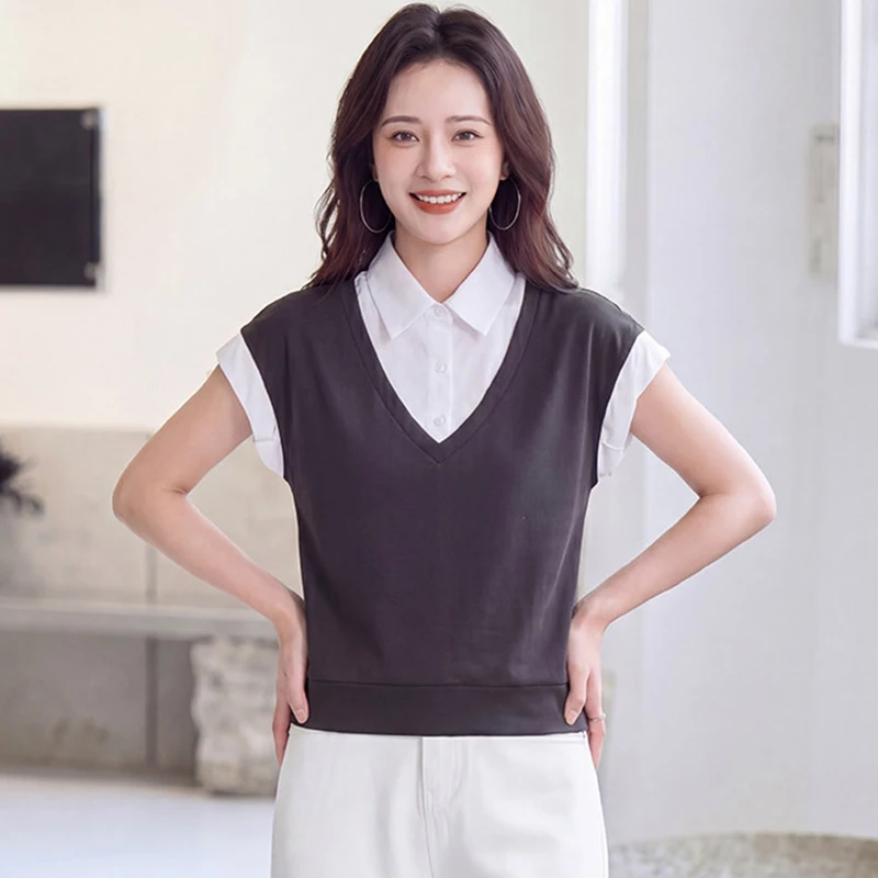 New Women Contrast Color Loose T-shirt Summer Fashion Turn-down Collar Short Sleeve Daily T-shirt Casual Patchwork T-shirt