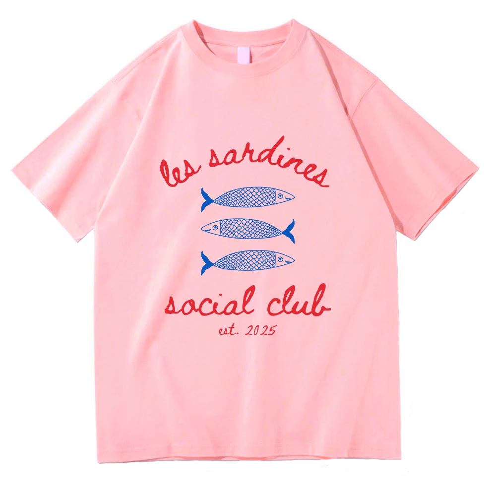 Sardines à l'huile d'olive rouge bleu imprimé t-shirt drôle imprimé femmes col rond été graphique t-shirts vêtements de sport