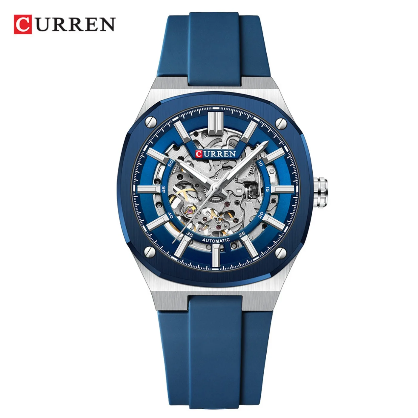 CURREN Modern Men's Mechanical Watch Selft-Wind Black Silicone Strap with See-Through Dial Sport Wristwatch Luminous Hands
