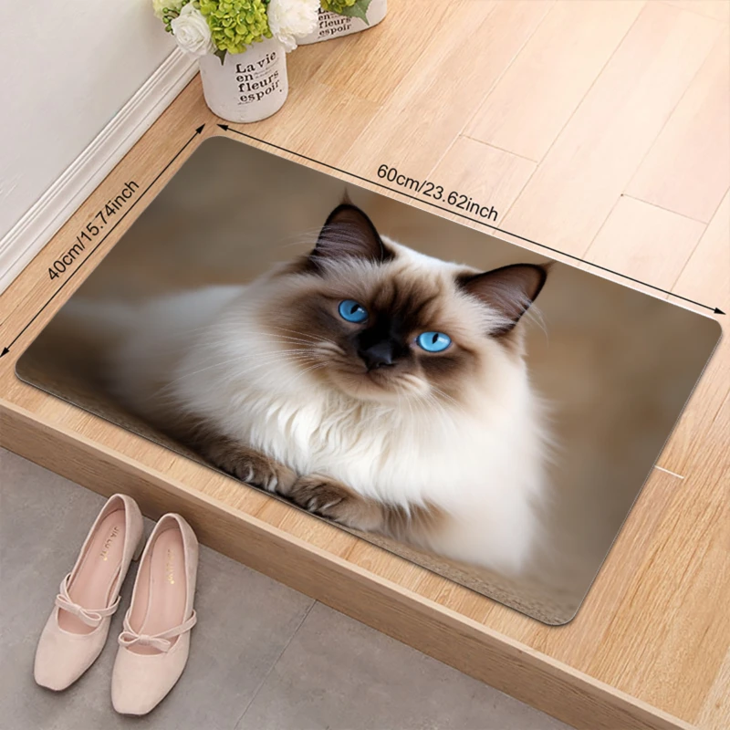 Ragdoll Cat Rug Velvet Flannel Printed Floor Mat Blue Eyes Design Decorative Carpet Doorway Entryway Decor
