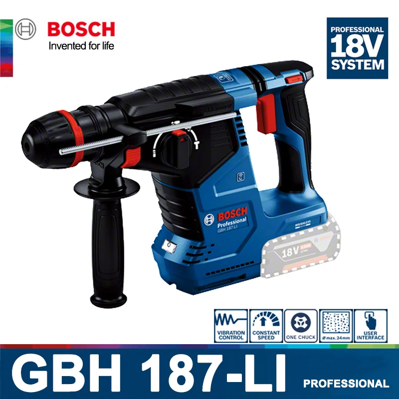 BOSCH Cordless Rotary Hammer GBH 187-LI Bare Tool Brushless 18V Lithium Powerful Electric Hammer Drill Percussion Tools 2.4J