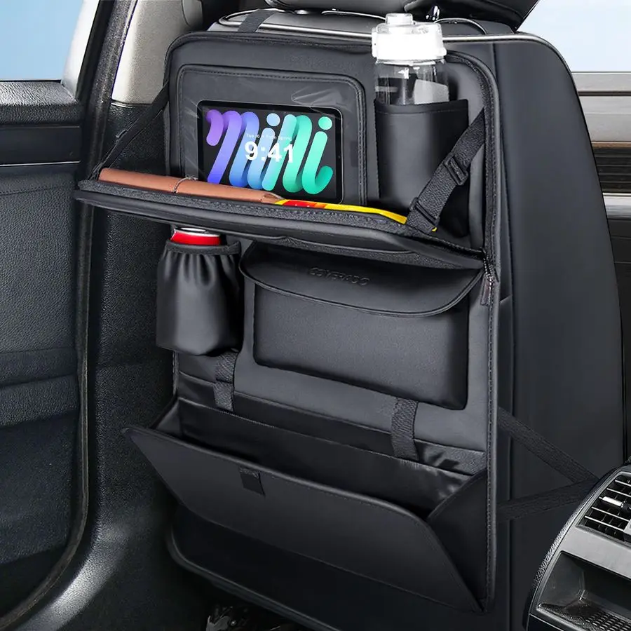 

Backseat Car Organizer, Nappa Leather Car Seat Organizer with Touch Screen Tablet Holder, Foldable Food Tray, Kick Mats Protecto