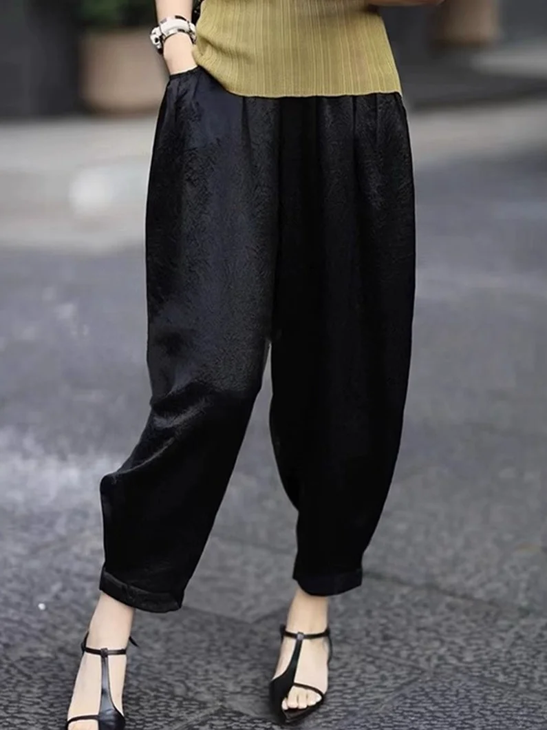 2024 Spring/Summer New High Waist Folded Loose Look Slim Versatile Casual Acetate Haren Pants Dad Pants Women