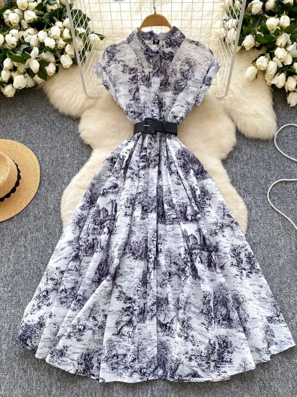 우아하고 세련된 여성용 빈티지 칼라 반팔 드레스 하이웨이스트 플리츠 슬림 프린트 셔츠 롱 드레스 한국 스타일