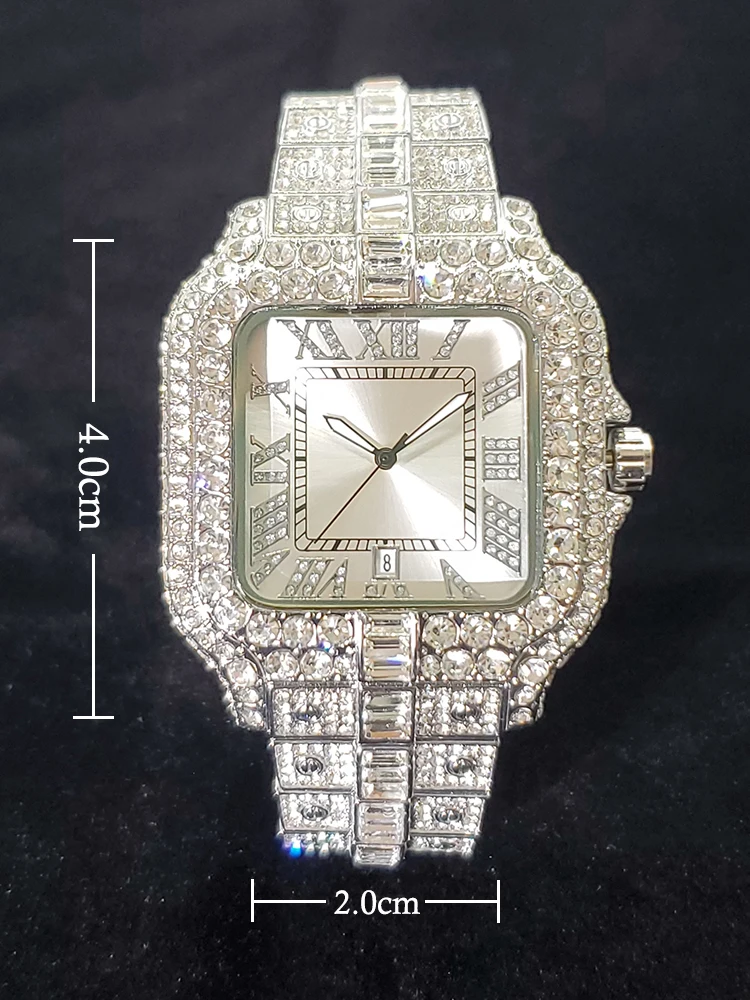 Męskie zegarki kwadratowa biała tarcza świecący punkt luksusowy diamentowy zegarek dla mężczyzny Iced Hip Hop biżuteria zegarki z kalendarzem Dropshipping