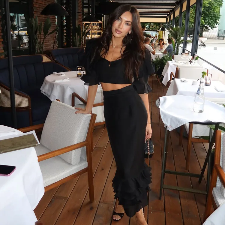 

Black Ruffle 2 Piece Set Women Puff Sleeve Crop Top Mermaid Maxi Skirt Outfits Sexy Elegant Summer Party Matching Set