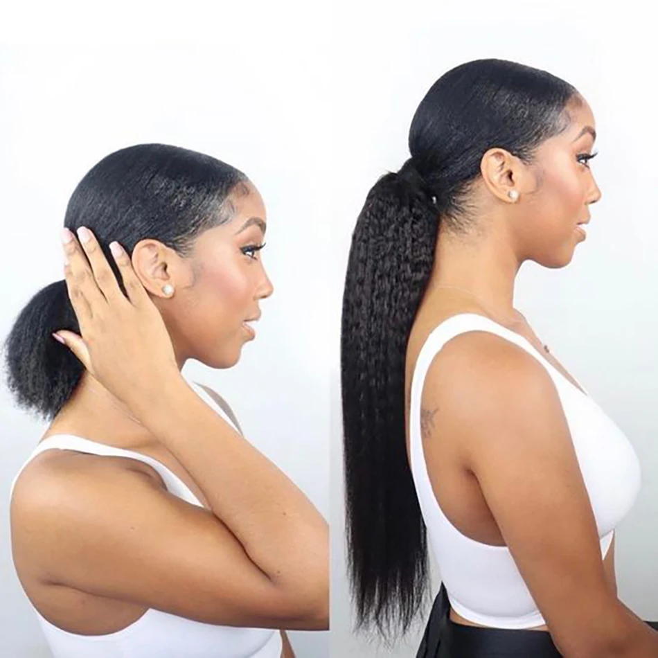 Maxine Kinky Straight Drawstring Ponytail Human Hair Extension Wrap Around Ponytail Long Pony Tail Clip in Hairpiece For Woman