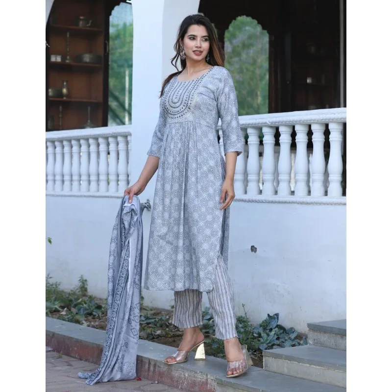 Wedding Birthday Partywear Summer Maslin Fabric Naira Cut Kurti Pant & Dupatta