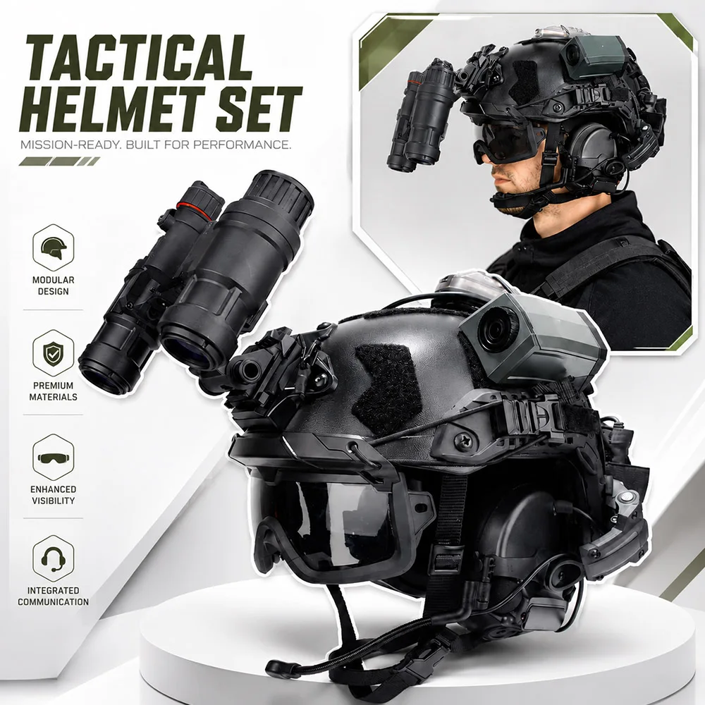 8 in 1 Tactical FAST Helmet Set with NVG Dummy Model Headset Signal Light Camera Model Goggles for Airsoft CS Cosplay Training