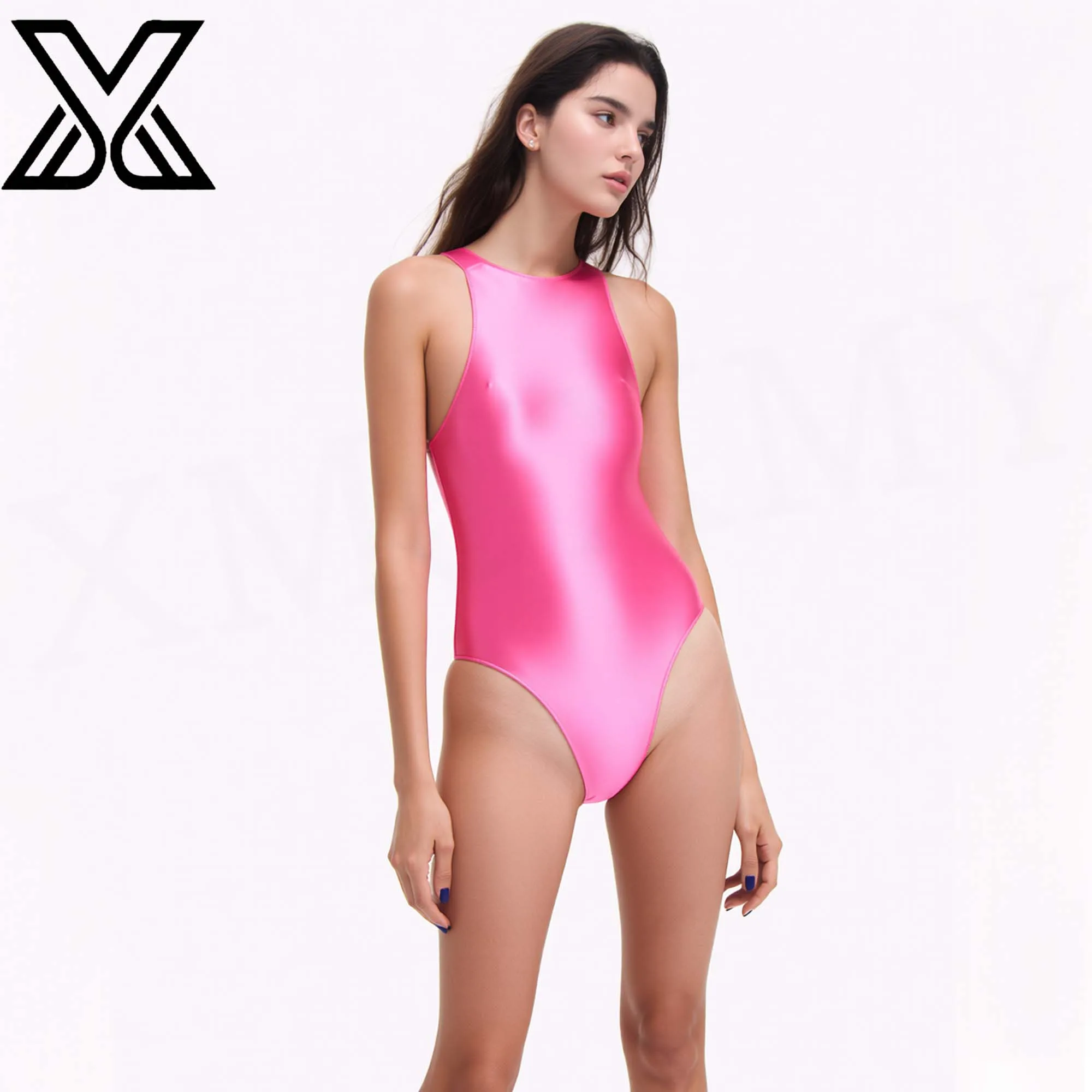 XMJXMY Women's shiny sports swimsuit, I-shaped high waisted one-piece swimsuit, backless satin swimsuit