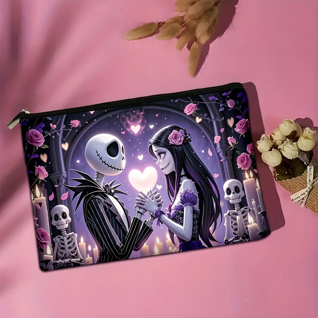 잭과 샐리 해골 하트 로맨틱 메이크업 가방 1개, 완벽한 여행용 지퍼 보관 가방 - 재미있는 생일 선물