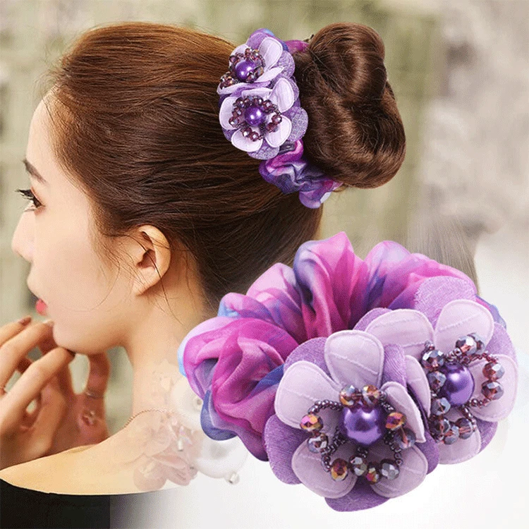 Elegant Ladies Crystal Flower Hair Rope Fashion Elastic Large Lace Hair Scrunchies Ties With Faux Pearl For Women Girls