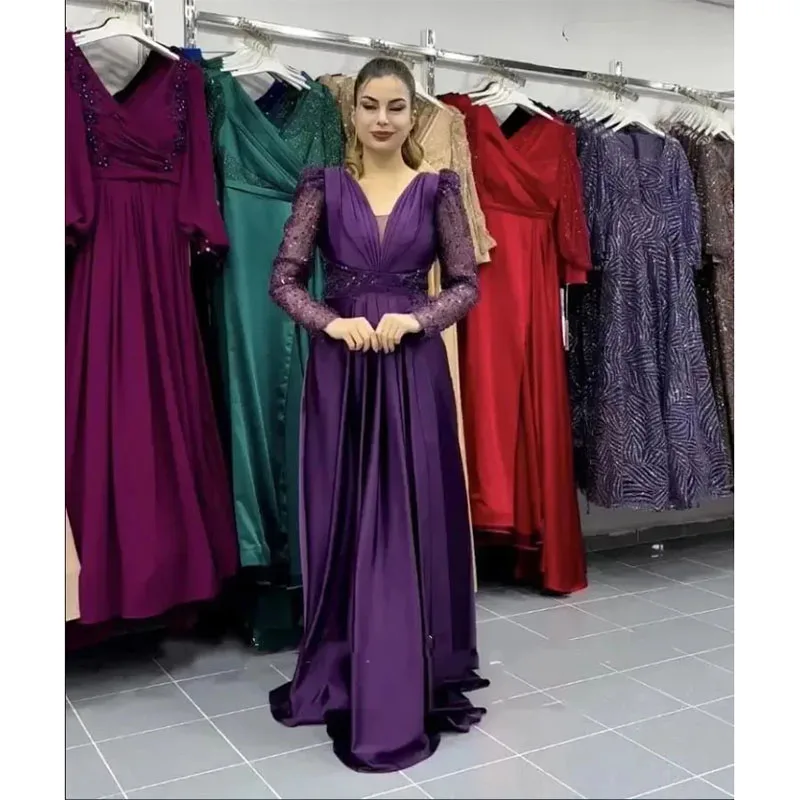 Robe de Soirée Élégante en Satin Violet Foncé pour Femme, Col en V, Manches sulf, Paillettes, Ligne A, Arabe, Dos aux, Bal