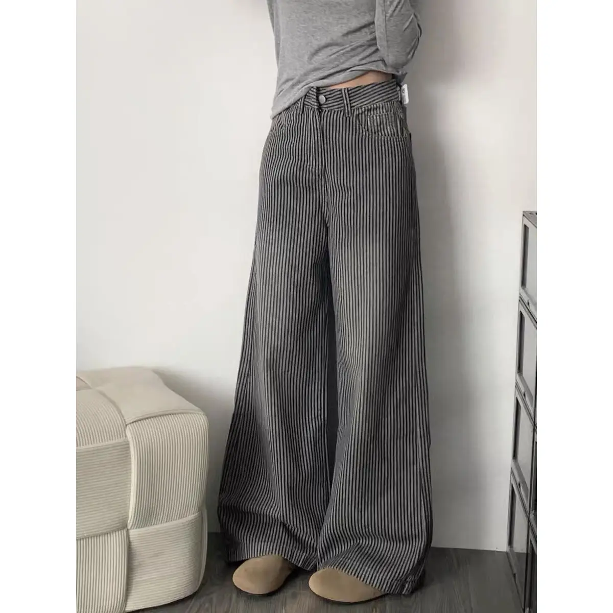 American Retro Striped Wide-leg Jeans Women's Autumn and Winter High Waist Loose Straight Mop Pants