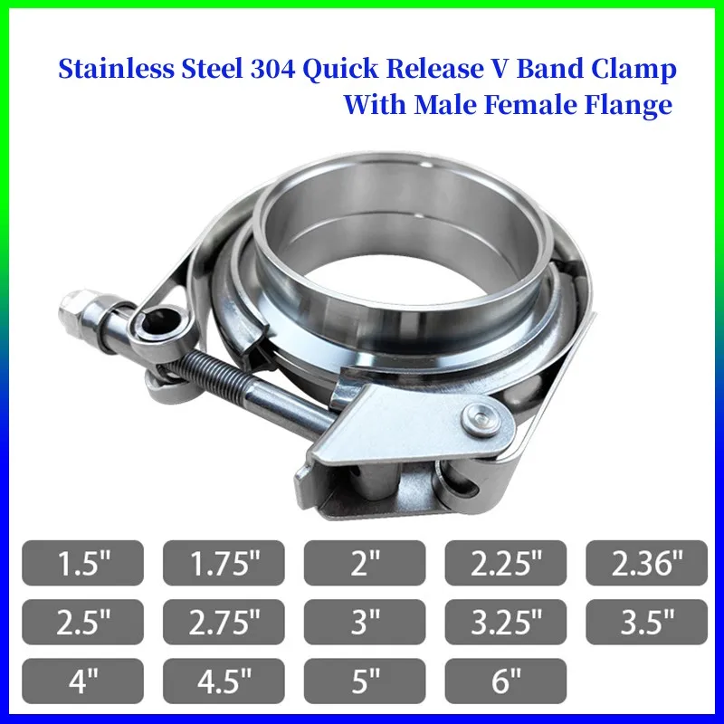 Stainless Steel 304 Quick Release V Band Clamp With Male Female Flange Exhaust Pipe Clamp Kit 1.5 Inch-6 Inch 38mm-152mm for Car